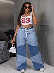 SHEIN SXY Plus Size Women Non-Stretch Blue Denim Straight Leg Jeans With Patchwork Design