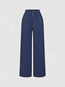 SHEIN MOD Pantalones rectos de cintura alta con efecto de mezclilla vintage, pantalones de salida, pantalones vintage, pantalones de invierno - Azul Marino - Ver 1