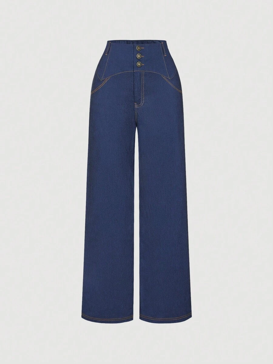 SHEIN MOD Pantalones rectos de cintura alta con efecto de mezclilla vintage, pantalones de salida, pantalones vintage, pantalones de invierno - Azul Marino - Ver 1