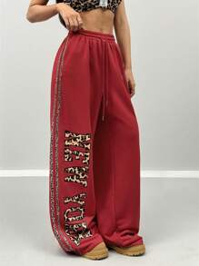 Coolane 女士日常穿着运动休闲新年豹纹宽松直筒裤 - 紅色 - 查看 3