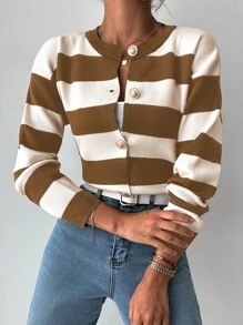 EURMUSE Women's Striped Long Sleeve Single-Breasted Casual Cardigan For Autumn/Winter - Camel - View 5