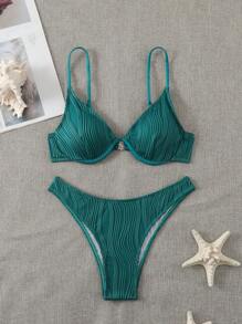 Swim Basics Women's Solid Color Spaghetti Strap Bikini Top And Bottom Swim Suit With Wire-Supported Summer - Dark Green - View 1