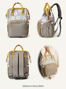 Cozy Pixies 1pc New Mom Bag Daisy Print Backpack, Spacious Multi-Function Maternity Nappy Bag For Outdoor Casual Wear - Multicolor - View 6