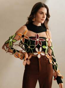 Anewsta 女士立领镂空长袖花卉刺绣毛衣，休闲日常针织套头衫，秋冬款 - 黑色 - 查看 5