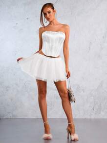 SHEIN SXY New Year Christmas Night Club Party White Satin Collarless Fish Bone Structure Bustier Top And Gauze Crisp Fluffy Short Skirt Two-Piece Set
