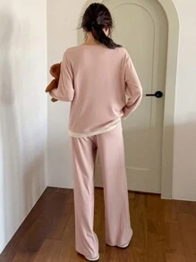 DAZY 休闲熊图案拼接宽松家居服套装秋冬睡衣 - 粉色 - 查看 2