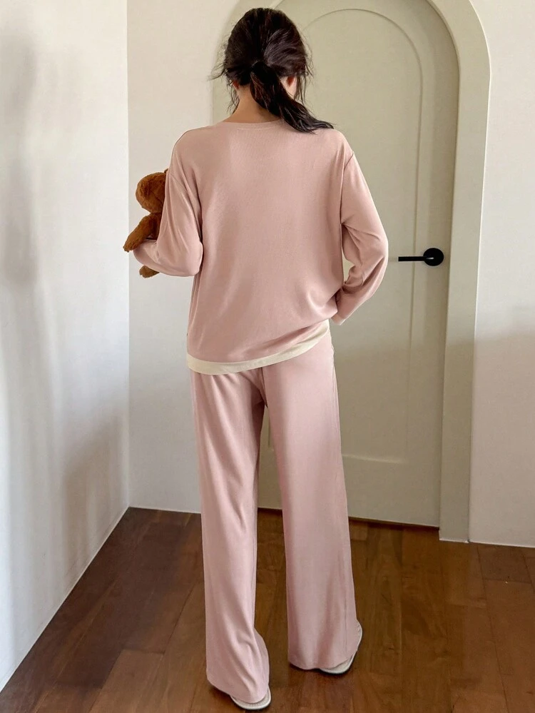 Casual Bear Pattern Patchwork Relaxed Fit Homewear Set Fall,Winter Pajama