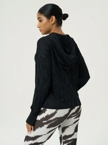 SHEIN Sports 女士黑色镂空极简休闲卫衣长袖上衣 - 黑色 - 查看 2