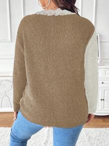 Celure Suéter de punto con cuello en V, volantes y contraste de color para mujer de talla grande, para otoño e invierno