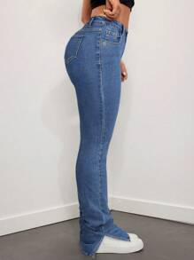 SHEIN ICON Jeans met hoge taille, split en geplooide zoom en uitlopende pijpen