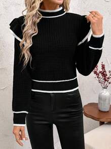 SHEIN Clasi Women's Black & White Striped Elegant Waffle Knit Patchwork Ruffle Collar Long Sleeve Sweater