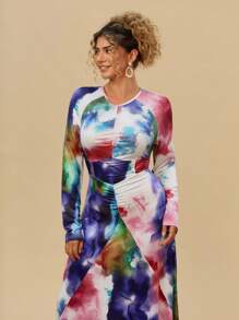 SHEIN VCAY Vestito con coulisse in stile acquerello e Tintura a nodi, taglie comode, girocollo, maniche lunghe, vestito aderente in maglia, adatto per vacanze, spiaggia, festa, stile occidentale - Multicolore - Visualizzare 5