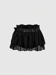 ROMWE Goth 黑色性感蕾丝边网眼蝴蝶结设计多层蛋糕裙，适合春夏派对、度假、海滩 - 黑色 - 查看 3