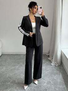 SHEIN PETITE 2pcs Set Casual Dark Grey Contrast Color Loose Blazer And Wide Leg Straight Pants Suit - Dark Grey - View 3