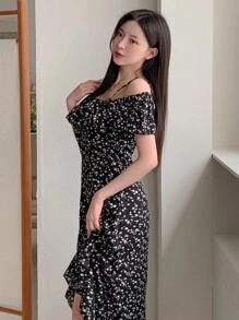 DAZY 女士荷叶边下摆中长连衣裙露肩上衣