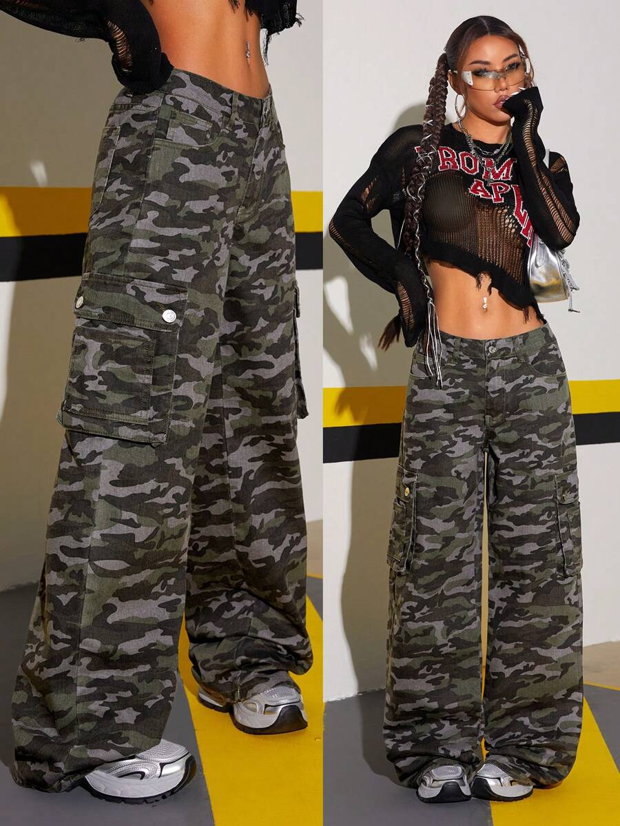 SHEIN ICON Women Loose Fit Fashionable Camo Cargo Jeans
