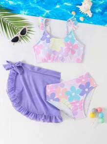 SHEIN 女童花卉印花荷叶边比基尼套装带沙滩裙 - 淡紫色 - 查看 1