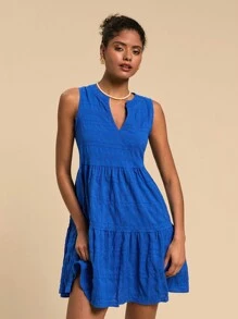 Travachic Vacation Ladies Notched V Neck Ruffle Hem Sleeveless Summer Beach Women Dress - Blue - View 3