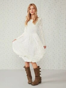 Easelle Đầm dài tay bất đối xứng viền bèo nhún màu trơn cho nữ - Màu be - Xem 6