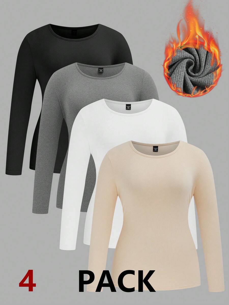 SHEIN LUNE Plus Size Crew Neck Long Sleeve Mossaic Fleece Warm T-Shirt, Autumn/Winter