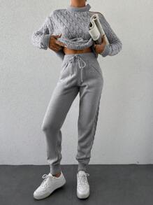 EURMUSE Ladies' Cold-Shoulder Long-Sleeve Sweater And Sweater Pants Two Piece Set - Light Grey - View 5