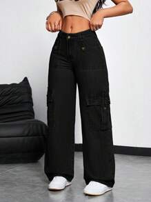 SHEIN ICON Damen Cargo Taschen Weites Bein Lässige Relaxed Jeans