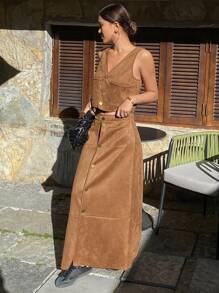 DAZY 2pcs Solid Color Fitted Sleeveless Top & A-Line Skirt Set For Women