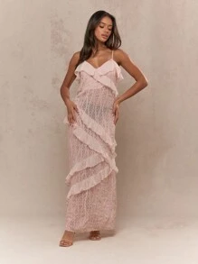 MISSGUIDED 晚礼服长裙荷叶边雪纺覆盖正式长礼服螺旋荷叶边设计特殊场合婚礼宾客舞会礼服春夏花园派对 - 粉色 - 查看 4