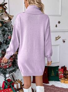 SHEIN LUNE 舒适超大驯鹿图案高领灯笼袖中长休闲毛衣裙，别致欧式秋冬圣诞风，减龄 - 紫丁香色 - 查看 2