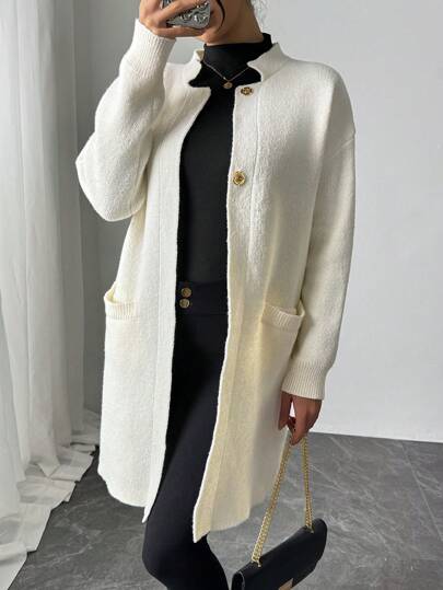 SHEIN Privé Women's Apricot V-Neck Long Sleeve Fluffy Sweater Jacket