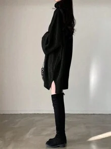 SoleilVie 女士休闲纯色高领毛衣连衣裙，冬季 - 黑色 - 查看 3