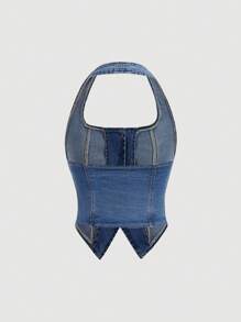 SHEIN MOD 女士休闲水洗纽扣式挂脖牛仔衬衫 - 中等水洗藍 - 查看 2