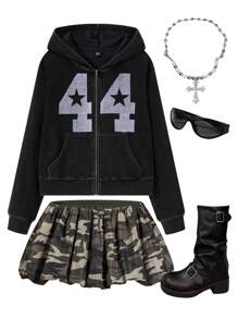 SHEIN EZwear Áo nỉ có mũ trùm đầu thể thao Dark Athleisure Waffle Washed dành cho nữ - màu đen - Xem 1