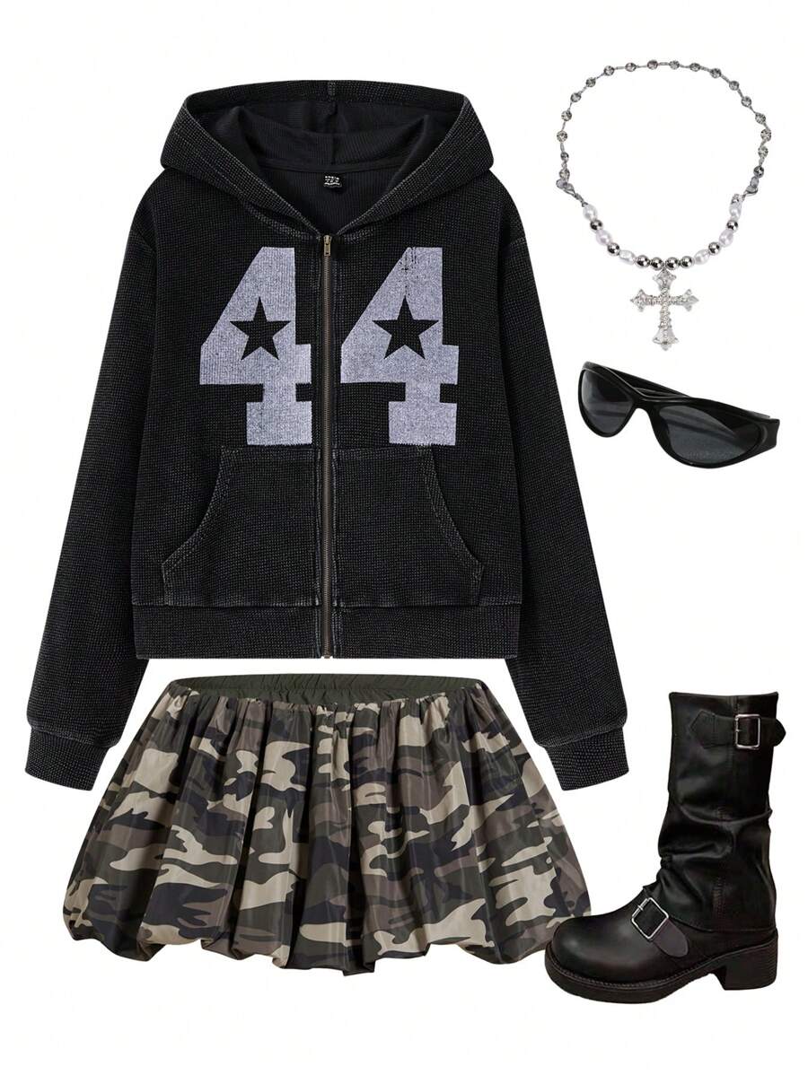 SHEIN EZwear Áo nỉ có mũ trùm đầu thể thao Dark Athleisure Waffle Washed dành cho nữ - màu đen - Xem 1