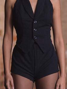 MUSERA Halterneck Suit Textured Waistcoat Vacation Casual Spring Summer Holiday - Black - View 5