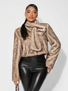 SHEIN SXY Thick Warm Fluffy Scarf Collar Brown Outerwear, Autumn/Winter - Brown - View 6