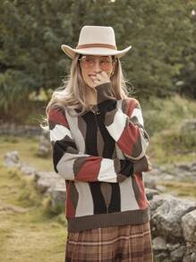 LanaWest Women's Striped Crew Neck Loose Casual Country Style Sweater Knit Pullover Fall Winter Outfit