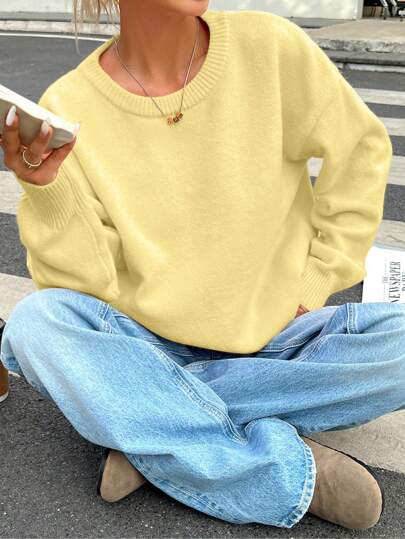 INAWLY Suéter feminino casual de manga comprida, gola redonda e ombros caídos, modelo pulôver de tricô para outono/inverno.