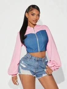 SHEIN SXY Women's Autumn Casual Contrast Color Patchwork Hooded Cropped Sweatshirt,Zip Up Women Hoodie,