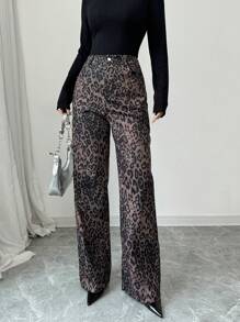 Gloray Pantalón cargo de pierna ancha, de cintura alta, suelto y de pierna recta con estampado de leopardo