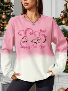 INAWLY Women's Crew Neck Gradient Color Ombre Corduroy Sweatshirt With Leopard Print New Year Slogans, Autumn/Winter Pullover Fall Sweatshirt