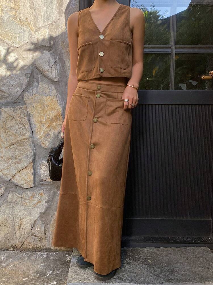 2pcs Solid Color Fitted Sleeveless Top & A-Line Skirt Set For Women Fall,Winter