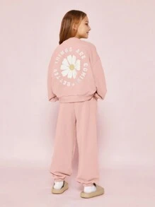 SUMWON Conjunto de 2 piezas para niñas preadolescentes con sudadera de ajuste regular con estampado gráfico de flores y pantalón de chándal