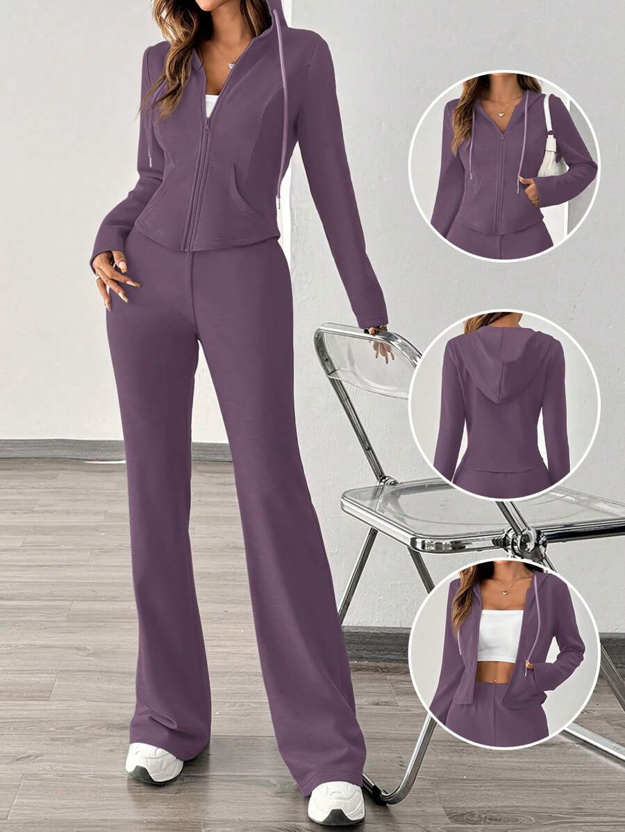 Chiquease Stylish Casual Sports Outfit For Women, 2pcs Set Fashion Hoodie Sweatshirt Jacket And Wide Leg Pants, Autumn