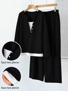 SHEIN LUNE Plus Size Women Autumn Long Sleeve Contrast Color Top & Wide Leg Pants Casual 2Pcs Sets Fall Cloth For Women