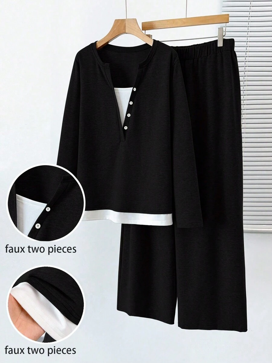 SHEIN LUNE Plus Size Women Autumn Long Sleeve Contrast Color Top & Wide Leg Pants Casual 2Pcs Sets Fall Cloth For Women