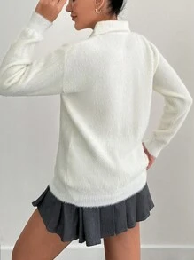 EURMUSE Women Solid Color Hairy Yarn Button Collar Neck Pullover - White - View 4