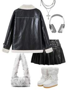 SHEIN EZwear 女士日常街头风拉链翻领 PU 博格夹克，带羊毛保暖 - 黑色 - 查看 2