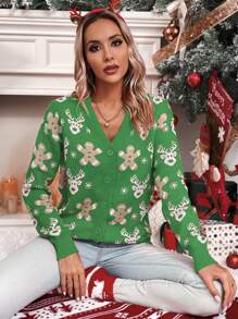 Chiquease Red Reindeer & Snowman Pattern Button Up Cardigan, Casual & Fashionable For Daily Wear - Green - View 4