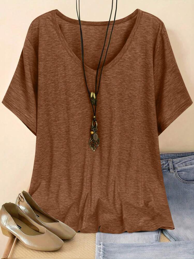 Plus Size V-Neck Short Sleeve Simple Casual Top, Everyday Wear - Coffee Brown - View 1